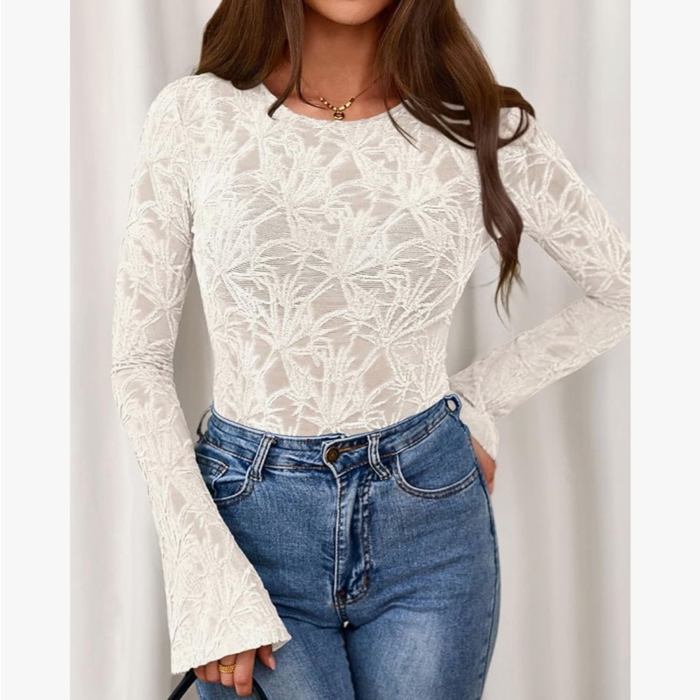 NEW PRETTYGARDEN Womens Lace Long Bell Sleeve See Through Sheer Floral Blouse